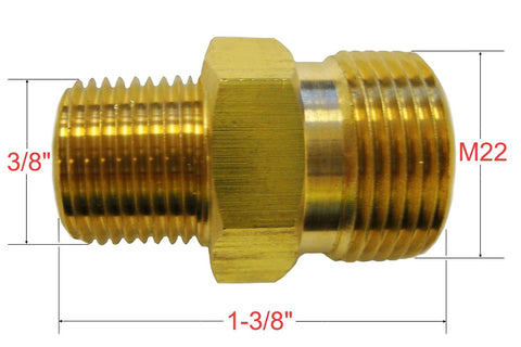 Brass high-pressure washer adapter, M22 to 3/8 in. male pipe thread, 5800 PSI rating.