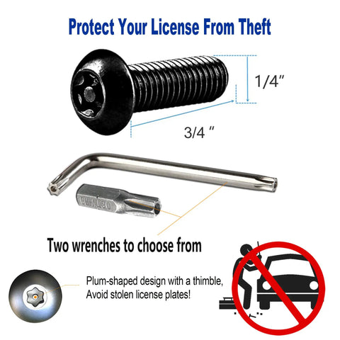 Anti Theft Black License Plate Screws Set For Cars Locking Bolts For Front And Rear Mounting M6 Stainless Steel, wrench options displayed