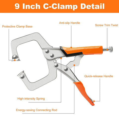 9-inch C-Clamp detail showing protective base, anti-slip handle, screw trim twist, and quick-release handle labeling.