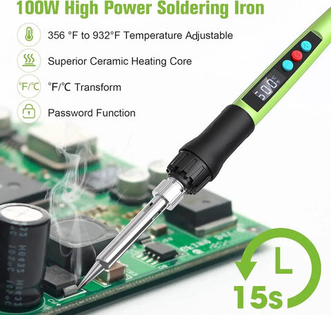 100W LED Digital Soldering Iron Kit with Ceramic Heater, quick 15 second heat up, adjustable temperature pro grade in use