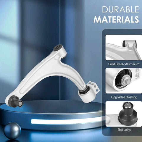 Chevrolet Malibu Bolt On Front Lower Control Arm Kit with Ball Joints Eight Piece Set displayed on illuminated podium