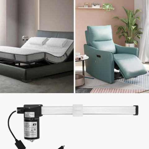 Recliner Motor Actuator Replacement Kit For Lift Chair And Couch Systems KDPT007-115 226mm Stroke shown with furniture setup.