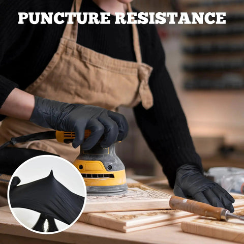 Person using wood sander wearing Heavy Duty Black Nitrile Exam Gloves 6-Mil Large 100 Count Latex Free Food Safe