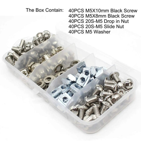 All In One Aluminum Extrusion Hardware Kit With 200Pcs M5 T Slot Nuts Bolts And Screws for 20x20 profiles, clear organizer case