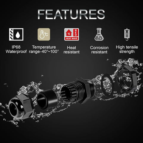 PG16 Cable Glands Set, 20 Pack, Waterproof Adjustable Range 8.5 to 14mm, Nylon Joints With Gaskets, feature overview with icons