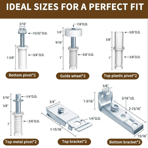 Diagram showing components of 2 Pack Bifold Door Hardware Repair Kit For Folding Closet Doors With Pivots, Guide Wheels, Brackets And Screws