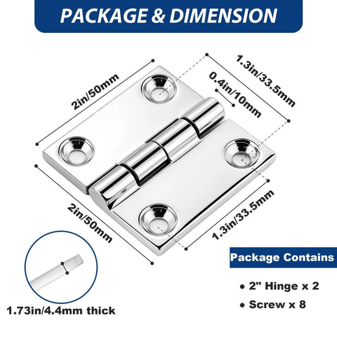 Pyntrax heavy-duty square hinge, marine-grade 316 stainless steel, 2x2 in, 2-pack with 8 screws