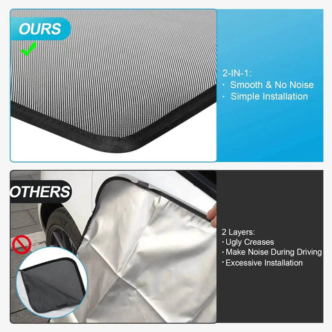 Comparison of Model Y Roof Sunshade 3.0 Ice Black For 2020-2024 Tesla Model Y with other sunshades showing smooth design.