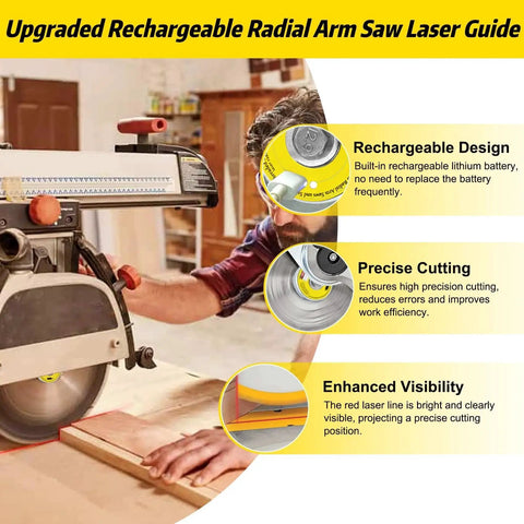 Rechargeable Radial Arm Saw Laser Guide for Five Eighth Inch Arbor with snap-in slim design and precise cutting features