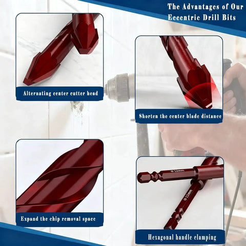 Red 10 Piece Crooked Head Eccentric Drill Bit Set For Porcelain Tile And Concrete Pro Grade Great For Glass Brick Plastic Cement Wood Ceramic Metal Marble Includes Three Sixteenth Inch To One Half Inch Sizes Larouoba showing design advantages and close-up features.