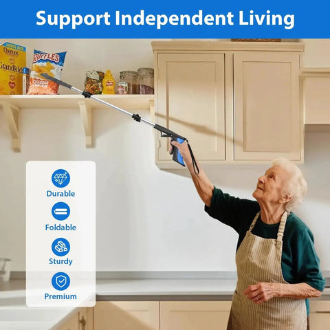 Elderly woman using Thirty Six Inch Foldable Grabber Reacher Tool with Anti Slip 360 Degree Rotating Jaw to reach shelf items.