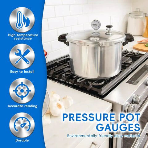 Stainless steel pressure cooker on a stovetop with round lid gauge visible