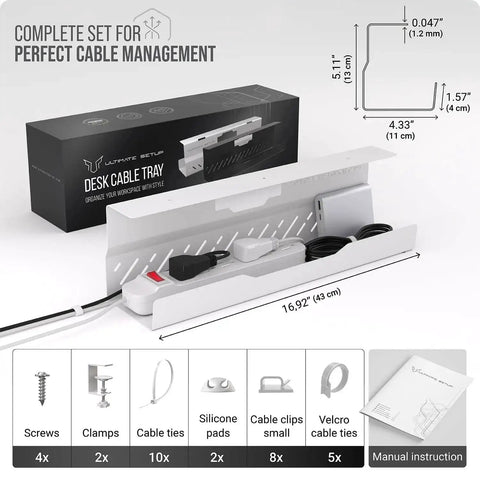 No Drill Cable Management Tray For Desks White Metal Wire Organizer with accessories and dimensions shown, ideal for cord organization.