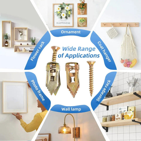 Image showing 180 Piece Self Drilling Drywall Anchors Kit with 90 metal winged zinc plated anchors and 90 screws highlighting various applications like shelving and decor.