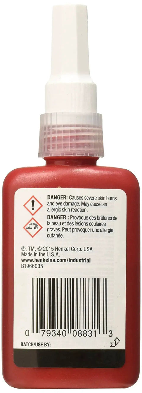 Back view of a 50 ml bottle of Red 088 Letter Grade A High Strength Thread Locker Wicking Grade For Fine Threads, showing label.