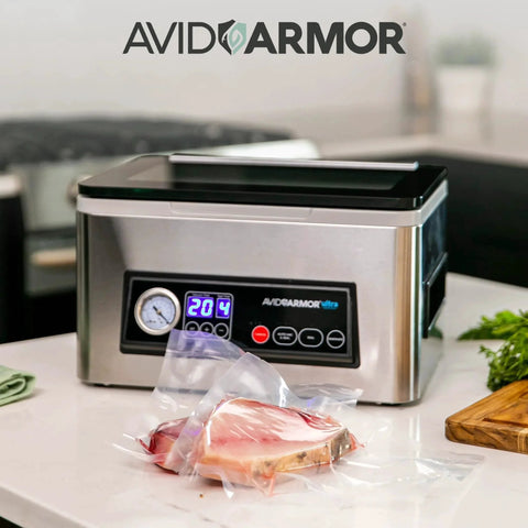 Chamber Vacuum Sealer For Wet Foods And Meat USV20 Ultra Series Vacuum Packing Machine with sealed meats on countertop