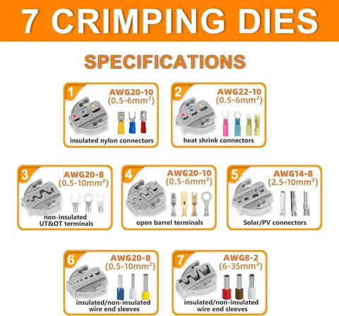 Seven crimping dies for Nine Piece Ratcheting Crimping Tool Set With interchangable dies for AWG 22 to 2 and 0.5 to 35 sq mm connectors