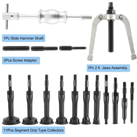 Blind Inner Bearing Race and Seal Puller Set with Slide Hammer Tool Kit, showing hammer shaft, jaws assembly, and collet attachments