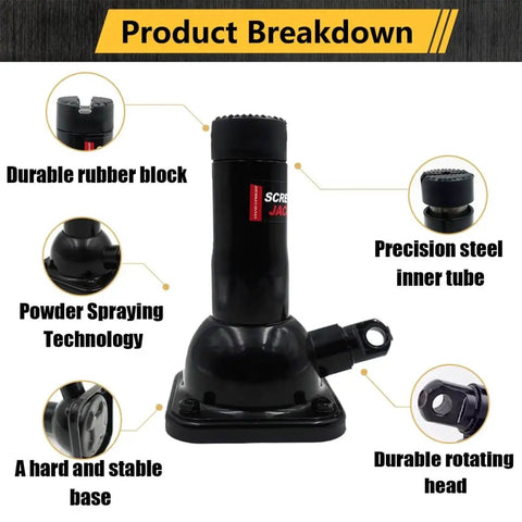 2 Ton Spiral Screw Car Jack For Pickup Trucks Not Hydraulic Adjustable, showing durable rubber block and rotating head features