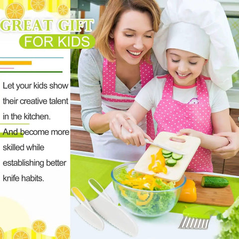 Child using Kids Kitchen Knife Set With Crinkle Cutter Four Pack Kid Friendly Plastic Toddler Knives Serrated Edges Safe For Real Cooking Fruit Bread Cutting Wavy Cutter Fun Learning In The Kitchen with adult in a kitchen setting.