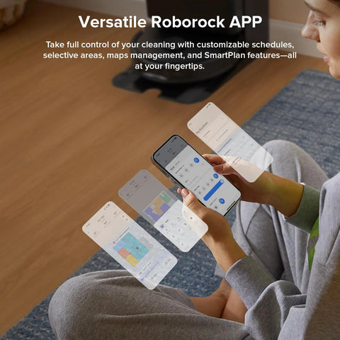 Roborock Qrevo Series robot vacuum and mop in black, shown with smartphone app control screens