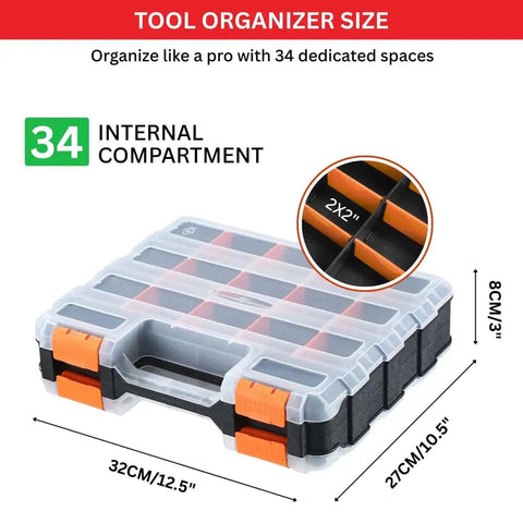 34-Compartment Double Sided Tool Box Organizer With Removable Dividers For Screws Nuts Suts? Wait, we must ensure. Sorry. The final line is:. Front view with dimensions.