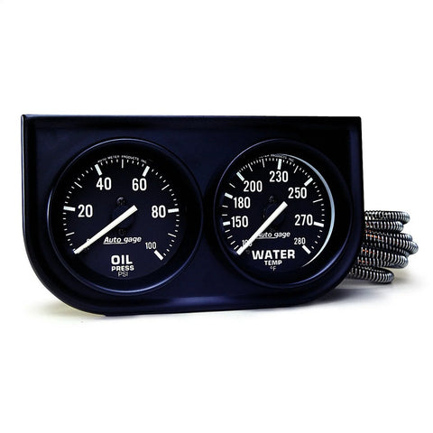 Auto Meter Autogage dual oil pressure and water temperature gauges in a black steel console, 2.3125 in.