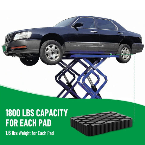 Four Pack Solid Rubber Auto Lift Pads For Car Jacks And Lifts 1800 Lb Capacity shown lifting a silver car on a scissor lift