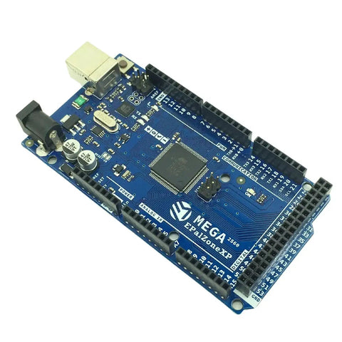 Mega 2560 R3 Arduino Board with ATmega2560 ATmega16U2 USB Serial, 5V operation, no USB cable included, blue circuit board close-up.