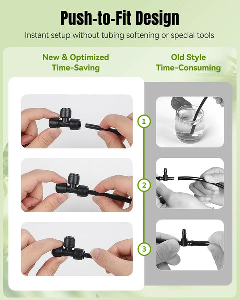 Pawfly 40-Pcs Quick-Connect Drip Irrigation Fittings infographic showing black push-to-fit fittings for 1/4 in tubing