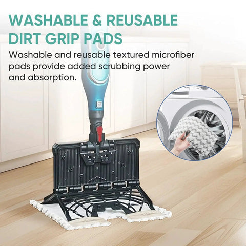Two-pack white microfiber steam mop pads for Shark Genius/Lift-Away Pro; pad attached to mop head on wood floor.