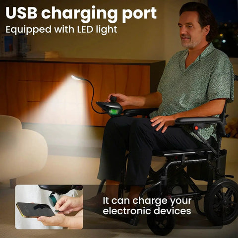 Side view of SUNDERWELL foldable electric wheelchair with removable battery and dual-brake system, black