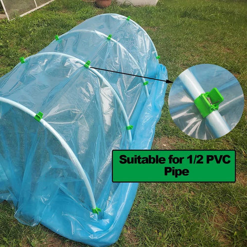 Greenhouse Clamps for 1/2 Inch PVC Pipe, green plastic fasteners securing plastic sheeting on PVC hoops