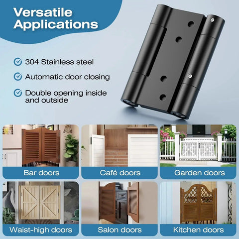 Heavy Duty 4 Inch Double Spring Door Hinge Set In 304 Stainless Steel With Integrated Spring Tension Adjustment No Fixing Pin Required For 0.98 To 1.5 Inch Doors 25 To 38 Mm Thick, Supports Up To 77 Lbs Per Pair, 3mm Thickened Steel Plate Ranbo shown with versatile applications for various door types.