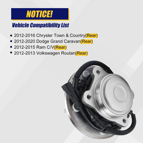 Rear Wheel Bearing And Hub Assembly Compatible With 2012-2016 Chrysler Town And Country, 2012-2020 Dodge Grand Caravan, 2012-2015 Ram CV, And 2012-2013 Volkswagen Routan, 5 Lug Bolts With ABS with compatibility list