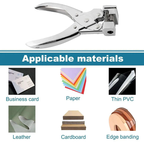 Heavy Duty T Slot Hole Punch Handheld Cutter showing applicable materials: business cards, paper, thin PVC, leather, cardboard, edge banding.
