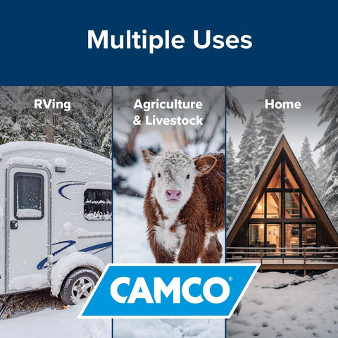 Camco 25-ft heated water hose for RVs; three-panel collage shows RVing, agriculture & livestock, and home with Camco logo.