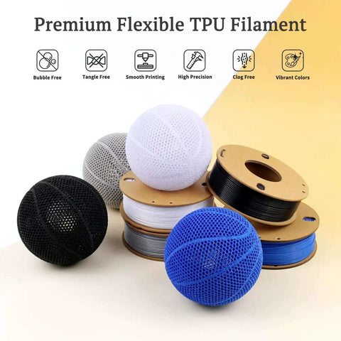 Black TPU Filament 1.75mm 250g For 3D Printers, spools in black, white, and blue, with sample prints of flexible mesh spheres.