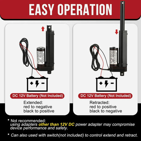 Beefy 12V Linear Actuator With 4 Inch Stroke And 202 Lb Load, IP54 Outdoor Rated, showing extended and retracted views