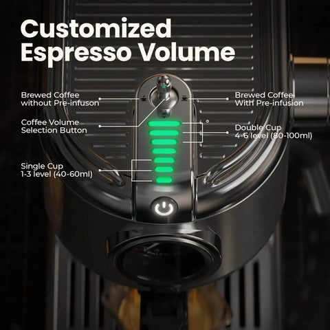 Close-up view of 20 Bar Espresso Machine With Steam Wand, Compact Stainless Steel Coffee Maker For Lattes And Cappuccinos, showing control panel with customized espresso volume settings.