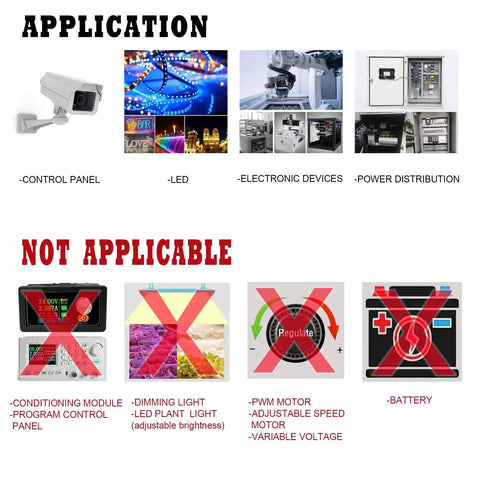 Image showing applicable and not applicable uses for Beefy 24V 25A 600W DC Power Supply Adapter SMPS, including control panels and LEDs.