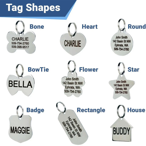 Various shapes of stainless steel pet ID tags with custom engraving, including bone, heart, round, bowtie, flower, star, badge, rectangle, and house.