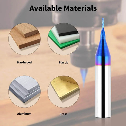 Solid Carbide O Flute CNC Router Bit With 1/4 Inch Shank And Single Flute End Mill for acrylic aluminum wood cutting shown with materials