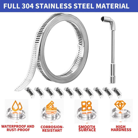 304 Stainless Steel Hose Clamp Kit with 33 Foot Metal Strap, 20 Fasteners, and L Socket Wrench, DIY installation features displayed