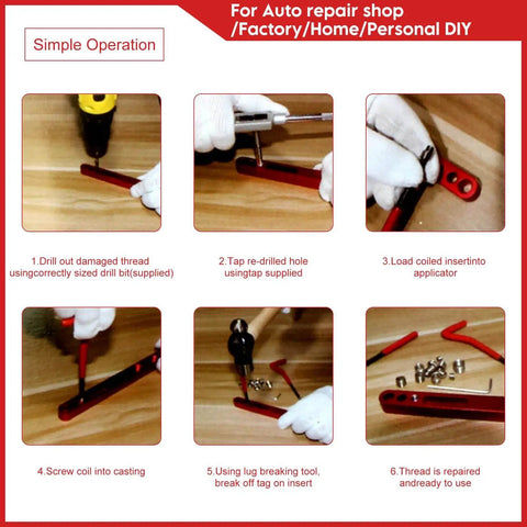 Image illustrating the steps in using the 15 Pcs Thread Inserts M14x1.5 Female Thread Repair Kit with Spark Plug Helicoil Set for Auto Repair DIY.