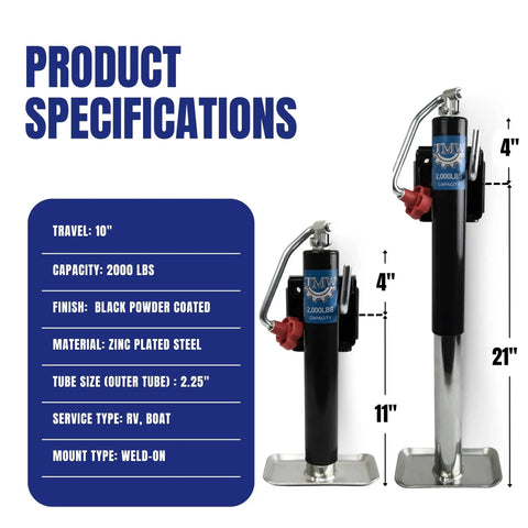 Side view of 2000 Lb Trailer Tongue Jack Swivel Lift Heavy Duty 1 Ton For Camper Boat with specifications chart
