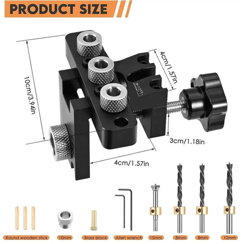 Three In One Dowel Jig Kit With Self Centering Pocket Hole Jig For Perfect Straight Holes, includes various drill bits and tools