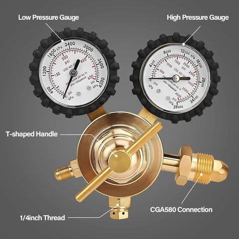Nitrogen Regulator With 0-600 PSI Delivery, showing dual gauges, T-shaped handle, CGA580 inlet, 1/4 inch male flare outlet