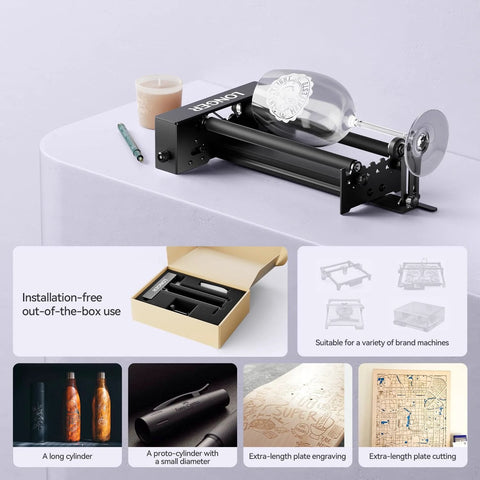 Ultimate Y Axis Rotary Roller For Laser Engravers With Bracket 360 Degree Spin displayed with cylindrical glass bottle