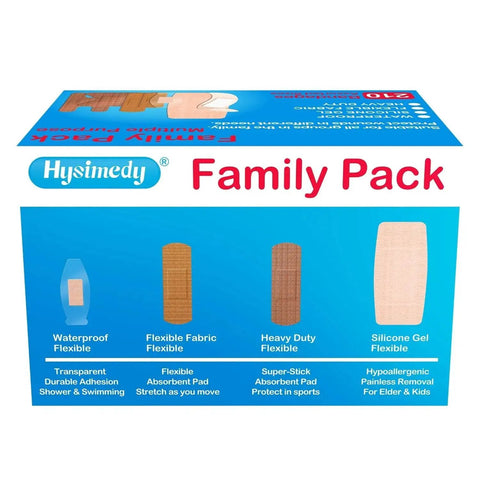 Front view of Hysimedy Assorted Adhesive Bandages Variety Pack box with waterproof, fabric, heavy-duty, and silicone gel types displayed.
